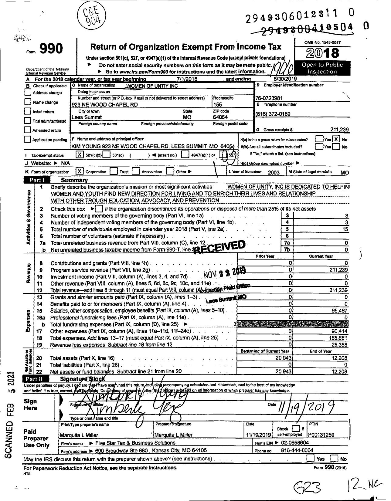 Image of first page of 2018 Form 990 for Women of Unity