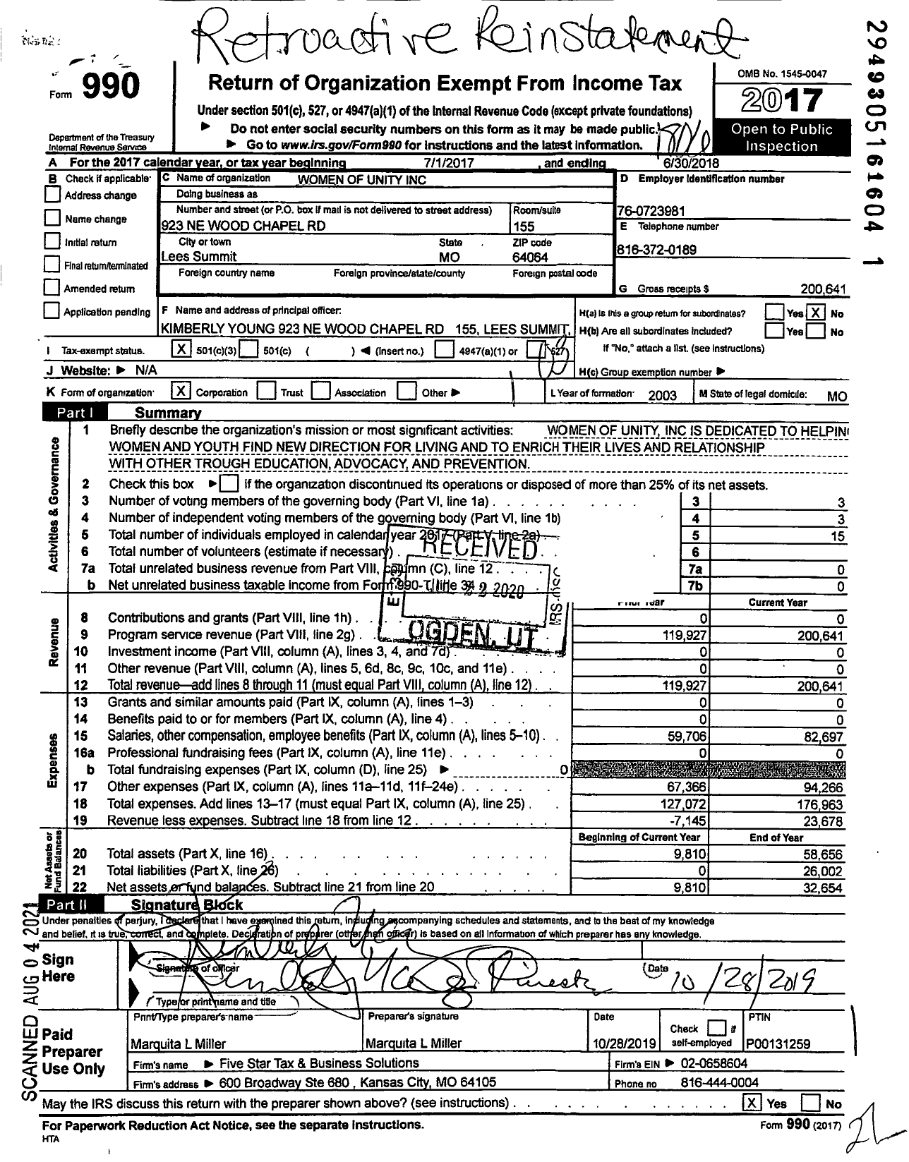 Image of first page of 2017 Form 990 for Women of Unity