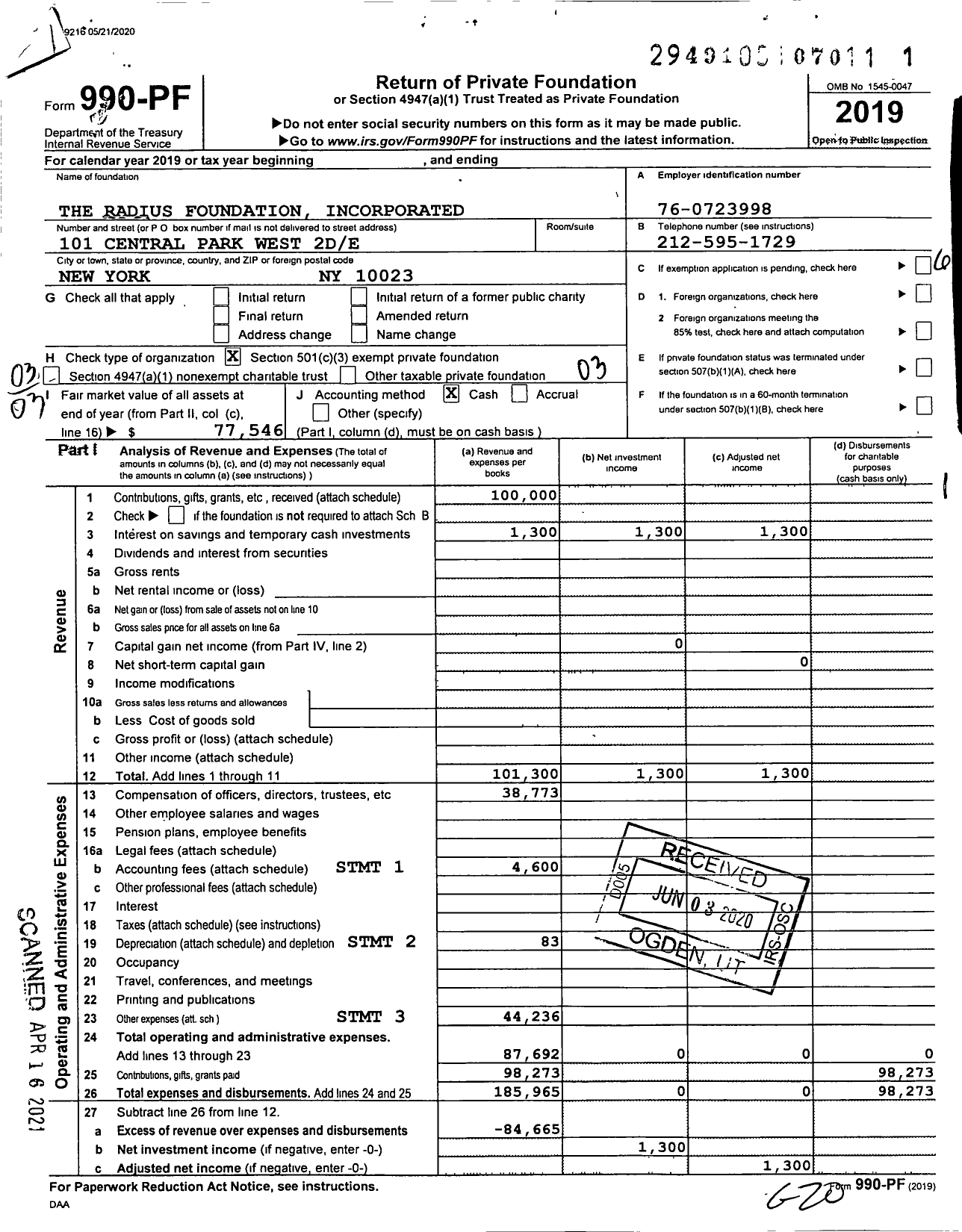 Image of first page of 2019 Form 990PF for The Radius Foundation Incorporated