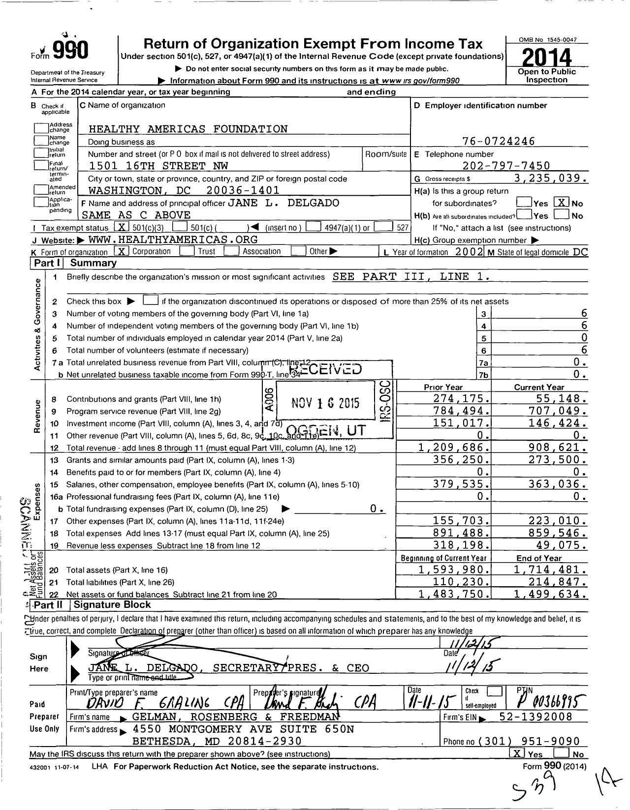 Image of first page of 2014 Form 990 for Healthy Americas Foundation