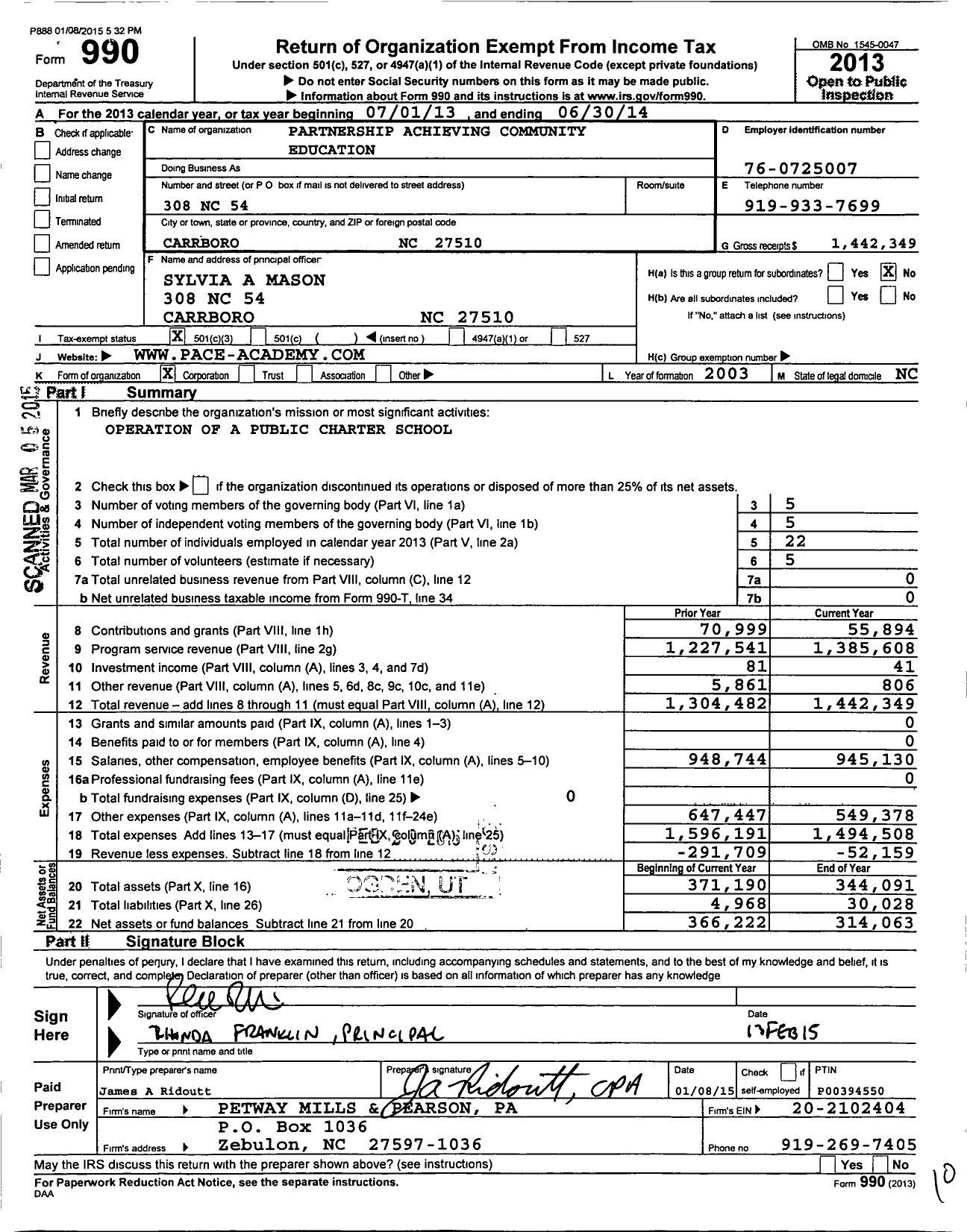 Image of first page of 2013 Form 990 for Partnership Achieving Community Education