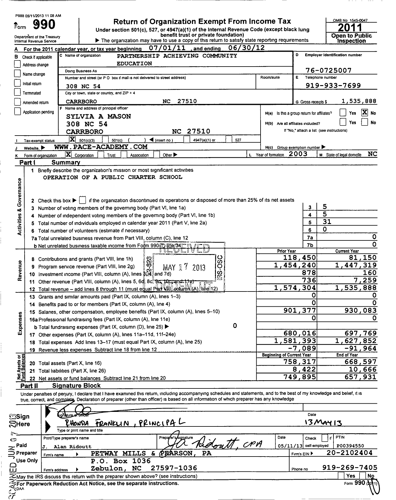 Image of first page of 2011 Form 990 for Partnership Achieving Community Education