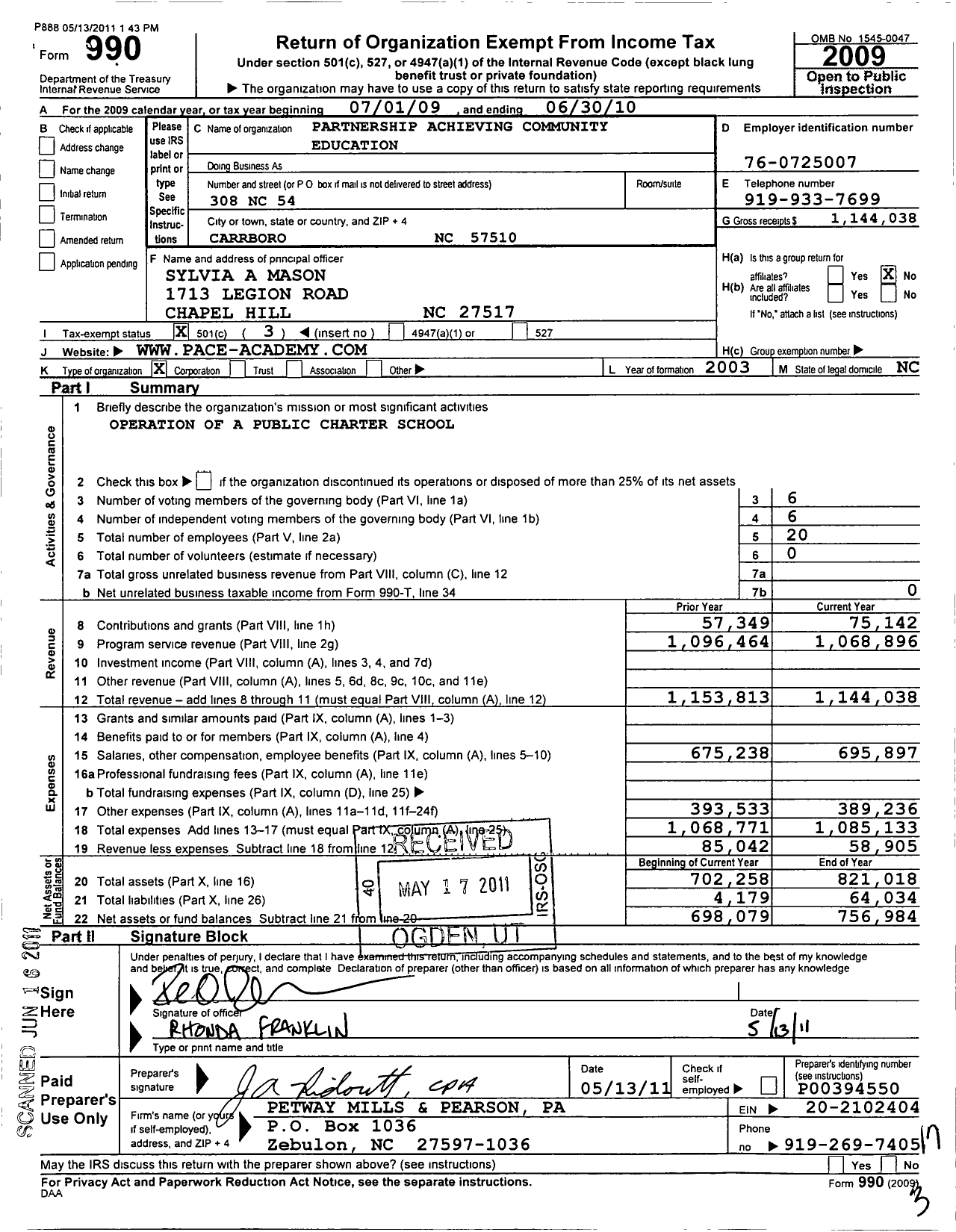 Image of first page of 2009 Form 990 for Partnership Achieving Community Education