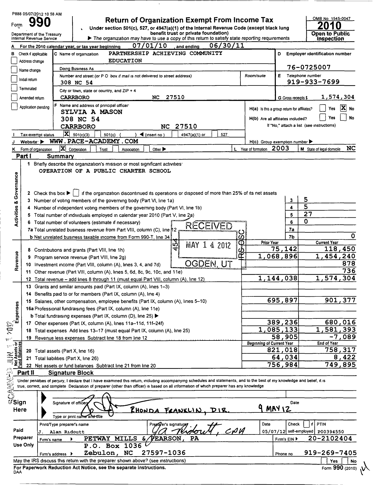 Image of first page of 2010 Form 990 for Partnership Achieving Community Education