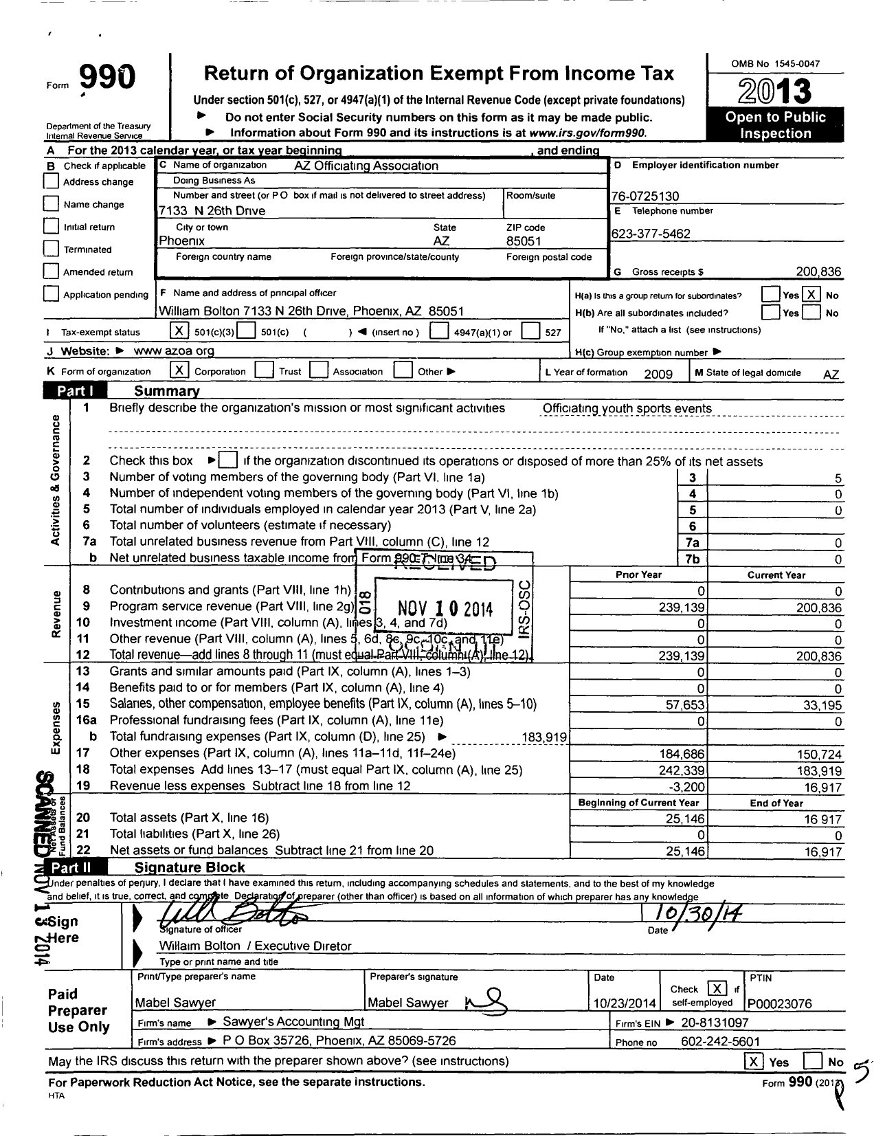 Image of first page of 2013 Form 990 for Az Officiating Association