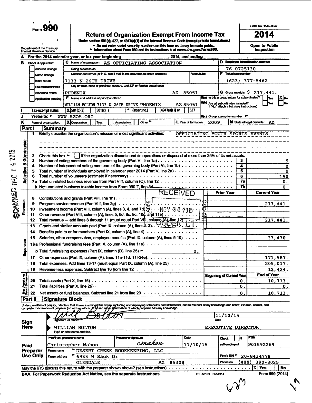 Image of first page of 2014 Form 990 for Az Officiating Association