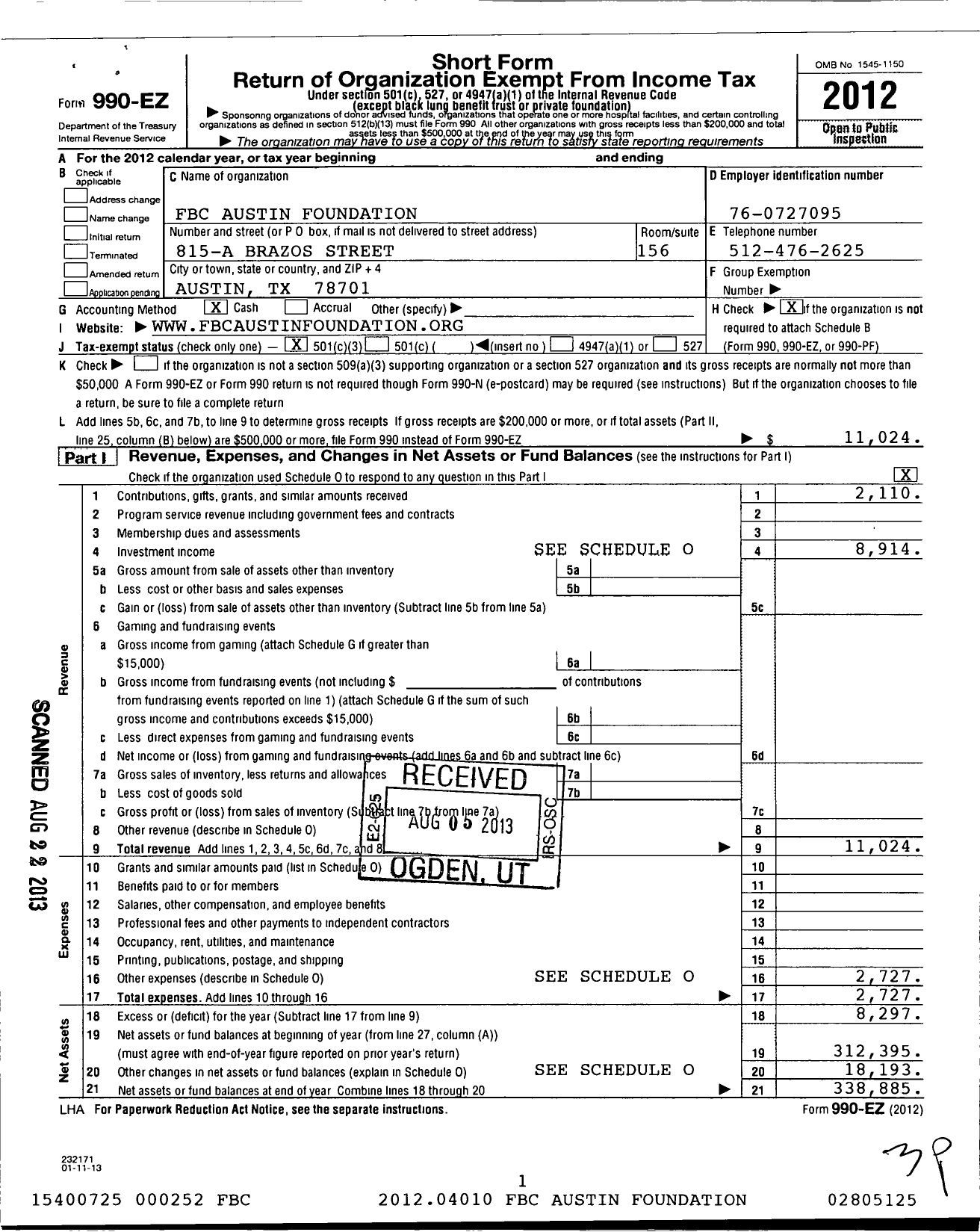 Image of first page of 2012 Form 990EZ for FBC Austin Foundation