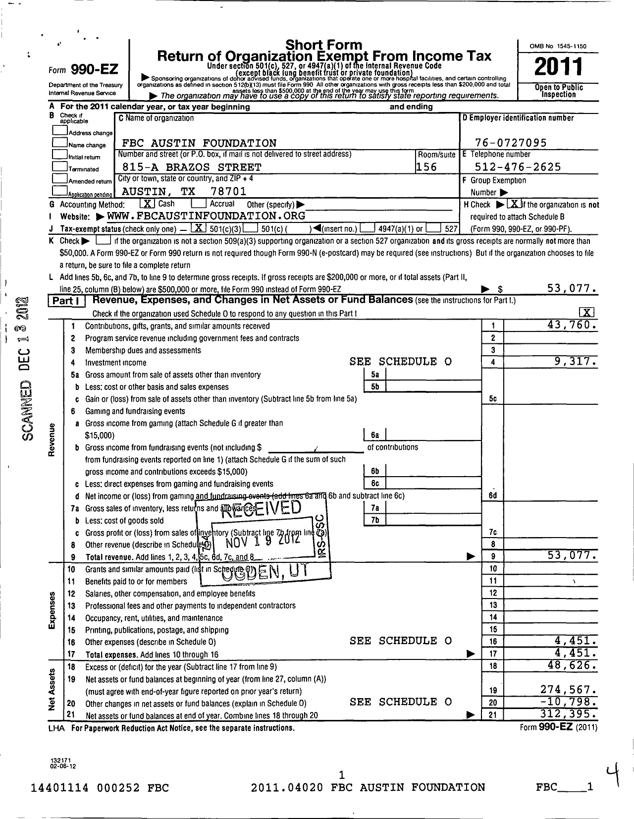 Image of first page of 2011 Form 990EZ for FBC Austin Foundation
