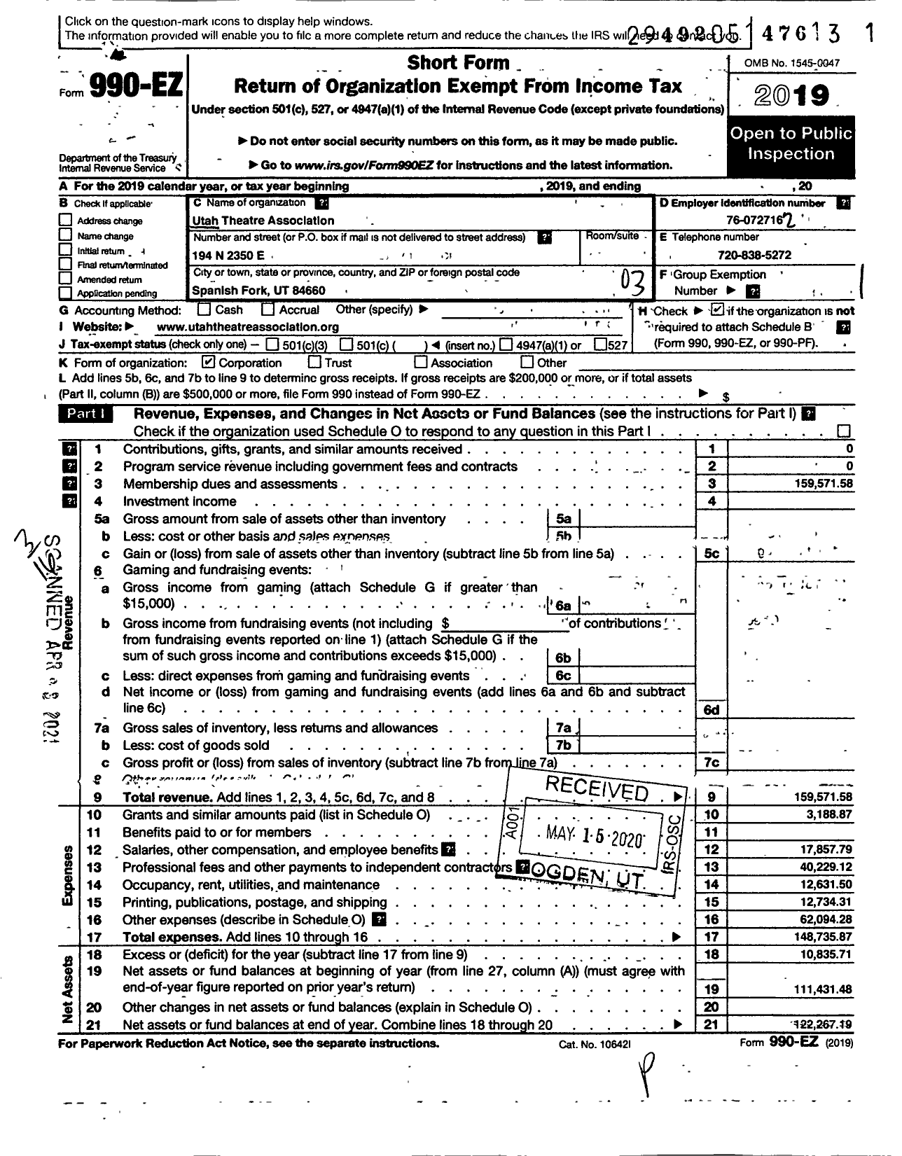 Image of first page of 2019 Form 990EZ for Utah Theatre Association