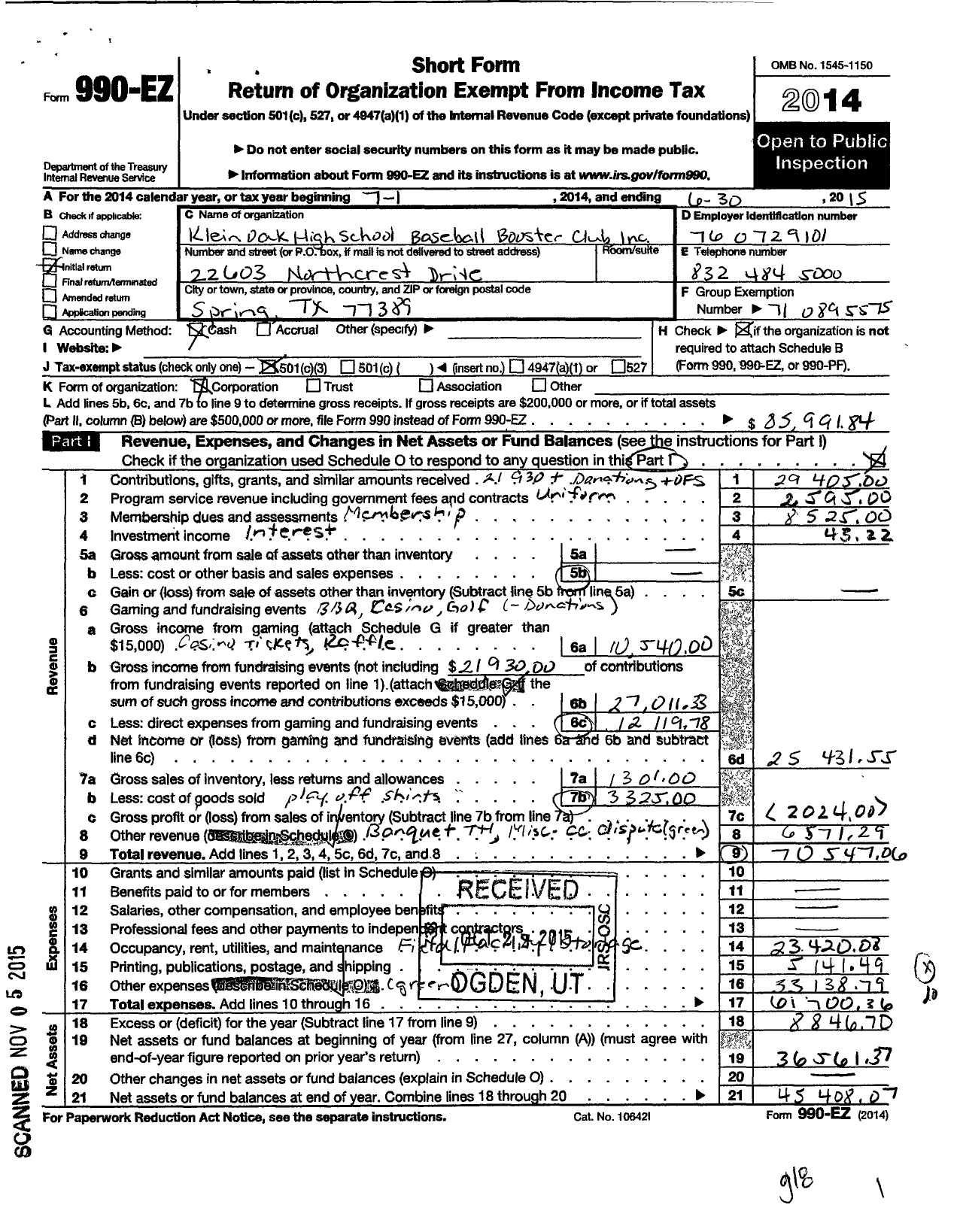 Image of first page of 2014 Form 990EZ for Klein Oak High School Baseball Booster Club