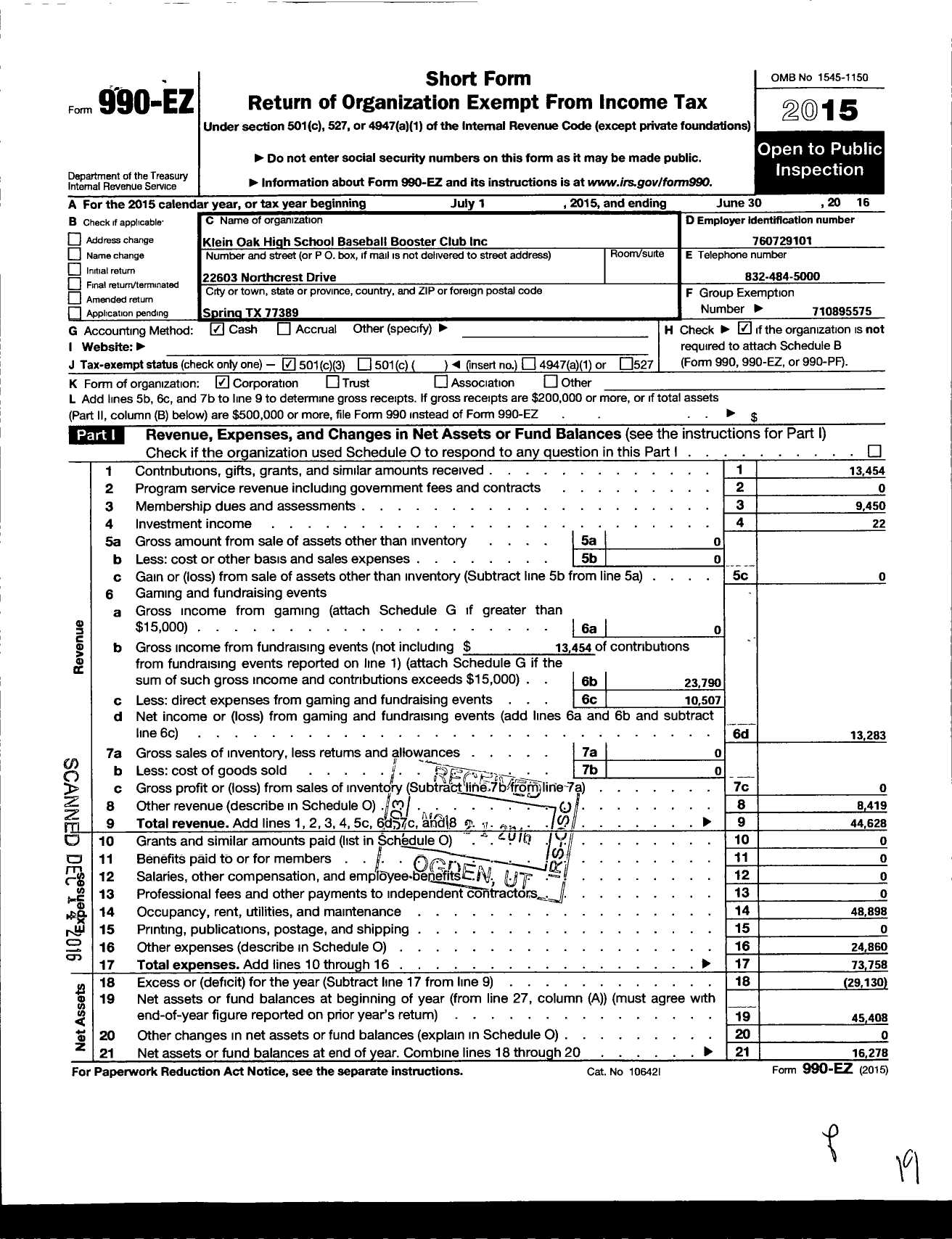 Image of first page of 2015 Form 990EZ for Klein Oak High School Baseball Booster Club