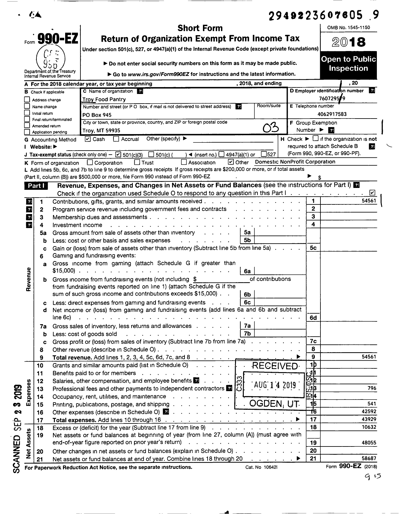 Image of first page of 2018 Form 990EZ for Troy Food Pantry