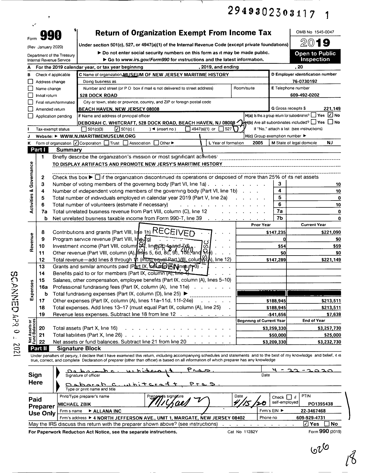 Image of first page of 2019 Form 990 for Museum of New Jersey Maritime History