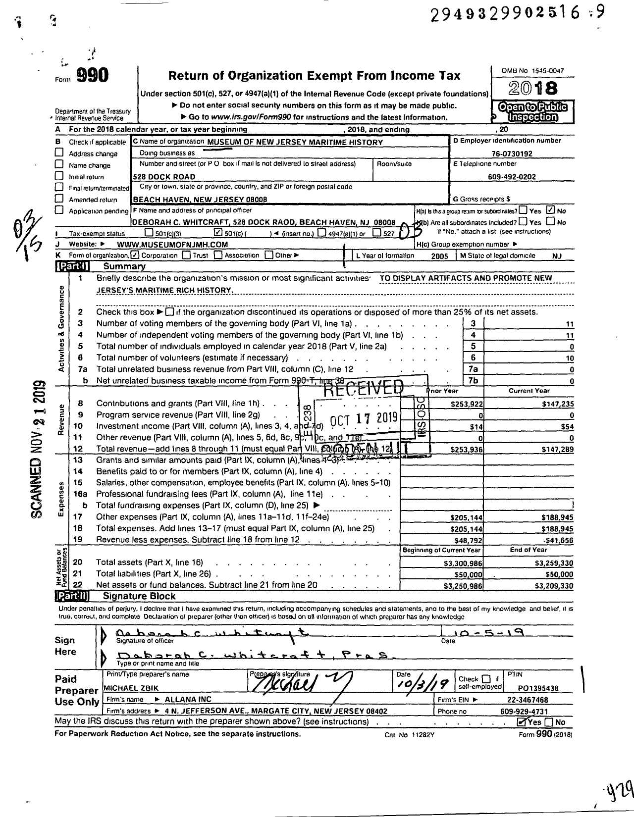 Image of first page of 2018 Form 990 for Museum of New Jersey Maritime History