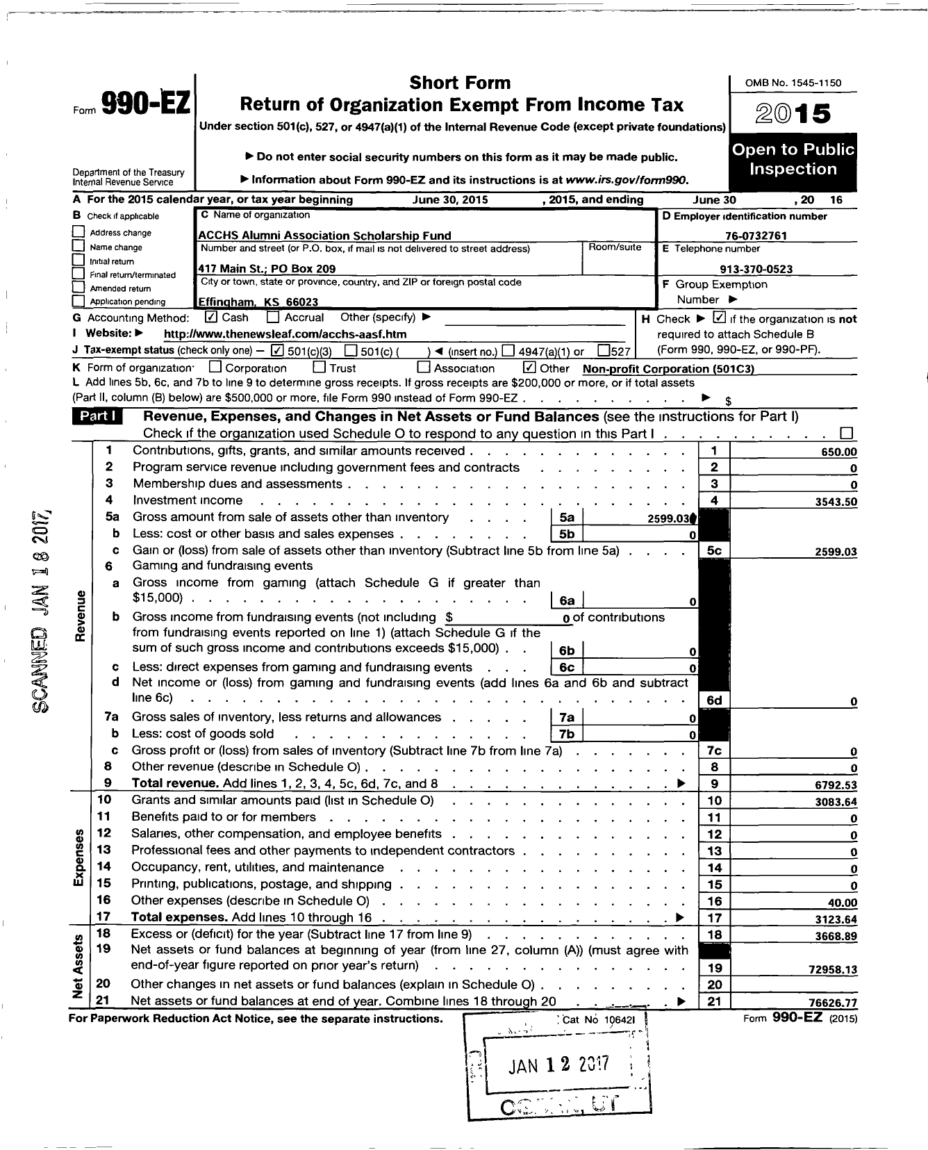 Image of first page of 2015 Form 990EZ for Acchs Alumni Association Scholarship Foundation