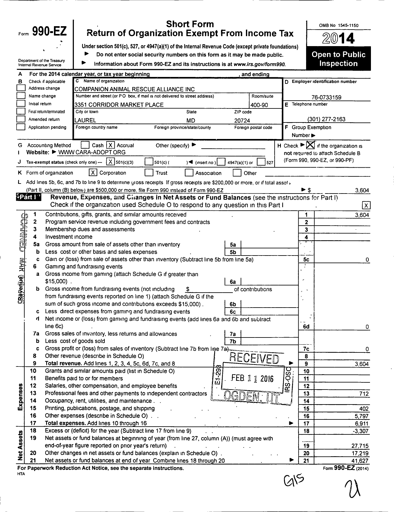 Image of first page of 2014 Form 990EZ for Companion Animal Rescue Alliance (CARA)