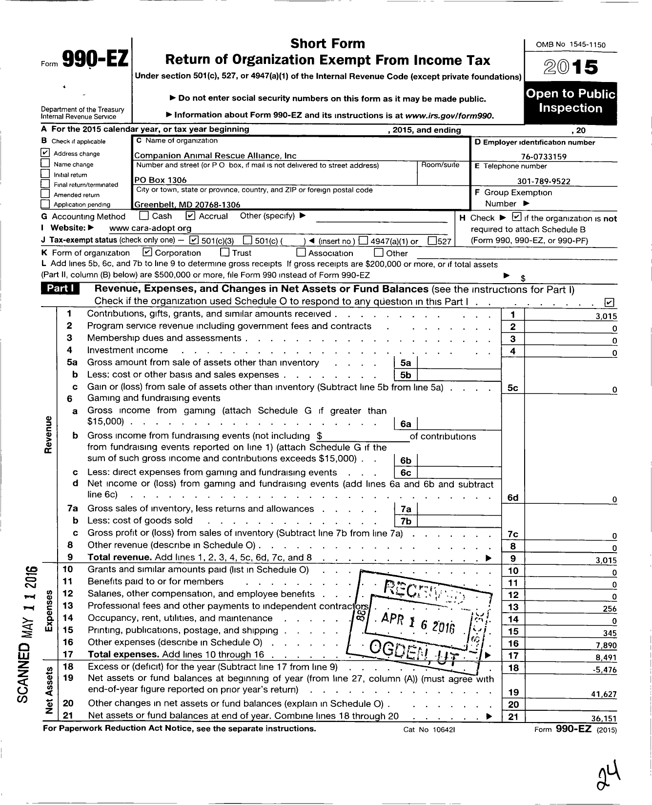 Image of first page of 2015 Form 990EZ for Companion Animal Rescue Alliance (CARA)