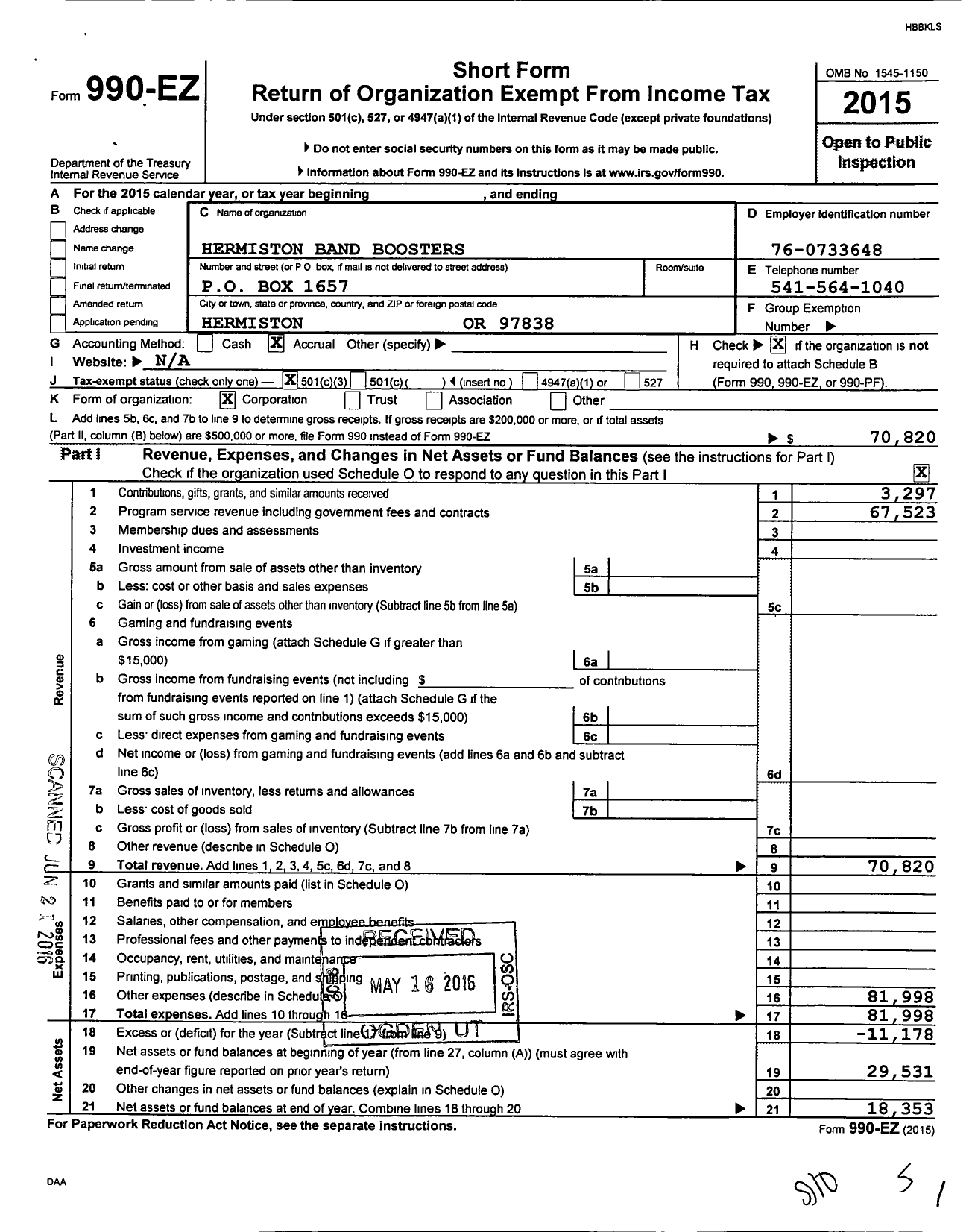 Image of first page of 2015 Form 990EZ for Hermiston Band Boosters