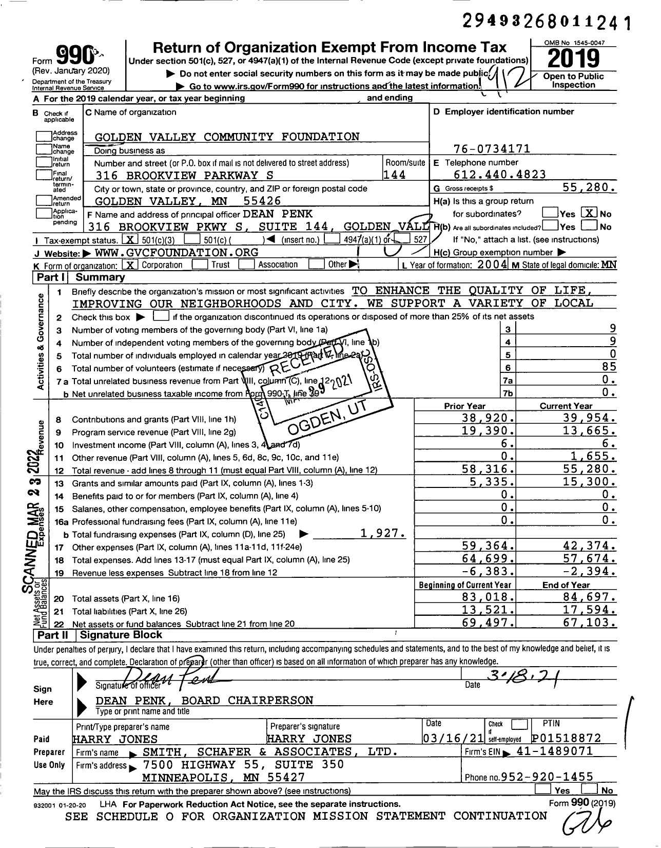 Image of first page of 2019 Form 990 for Golden Valley Community Foundation