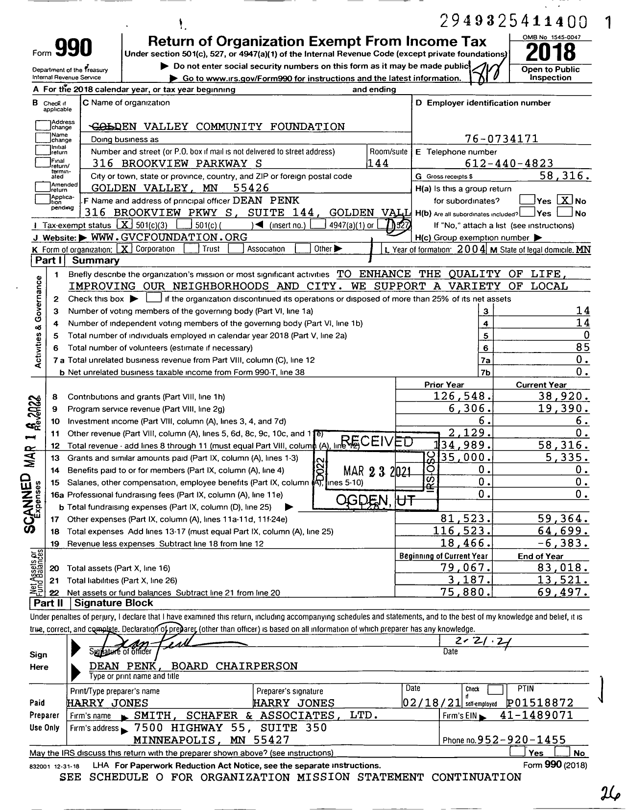 Image of first page of 2018 Form 990 for Golden Valley Community Foundation