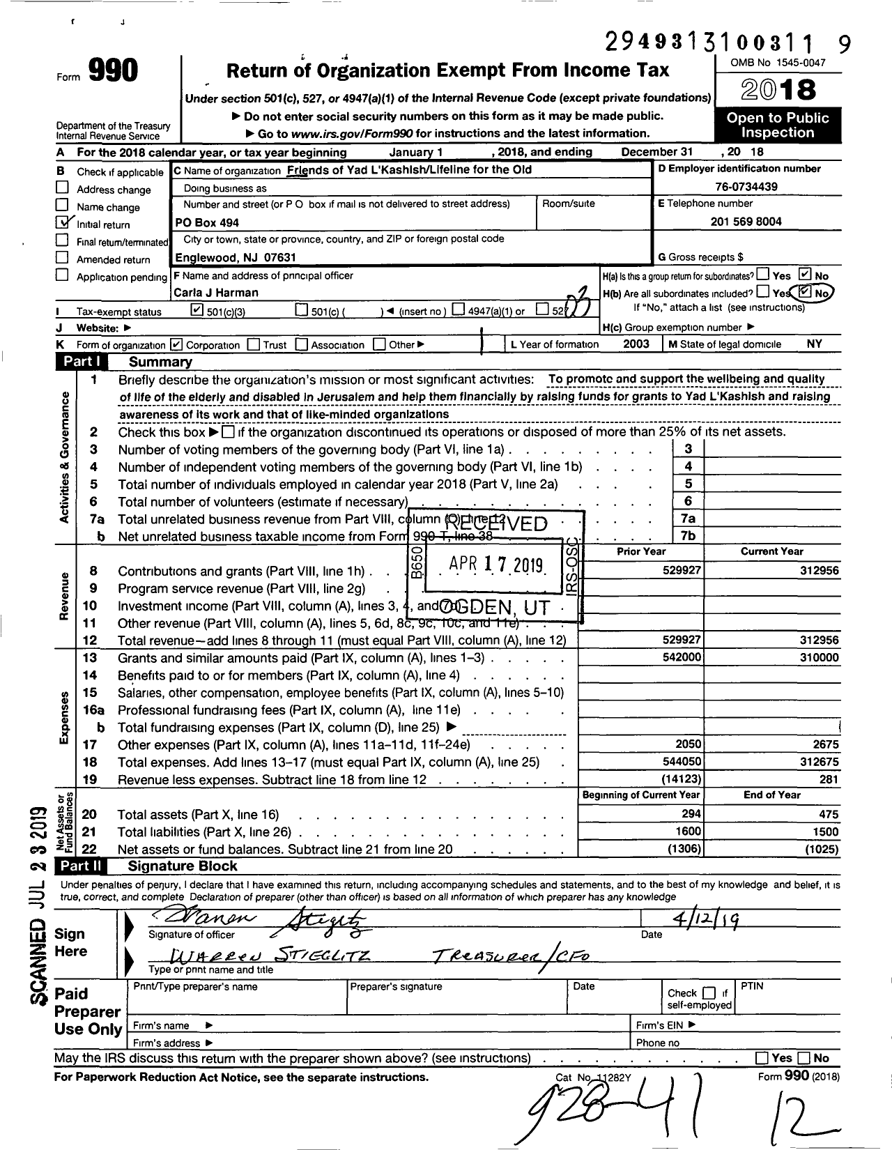 Image of first page of 2018 Form 990 for Friends of Yad Lakashishlifeline for the Old