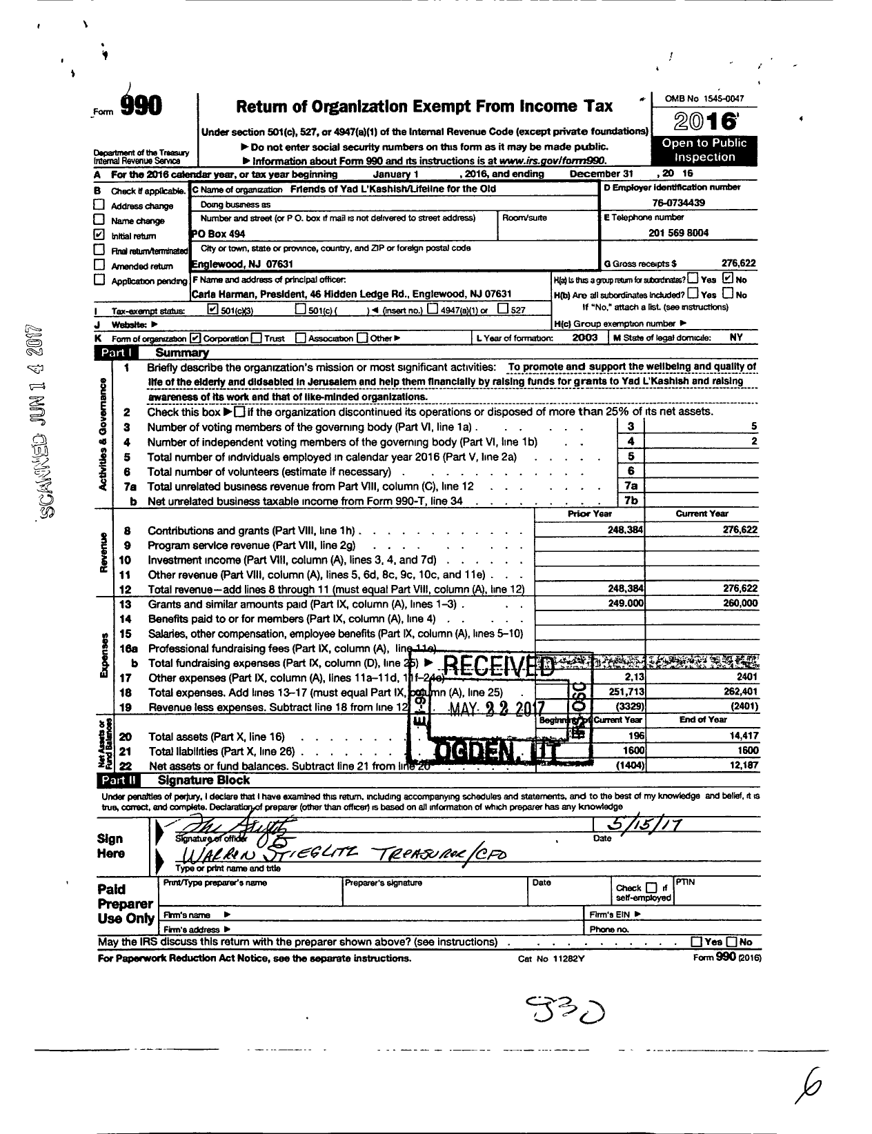 Image of first page of 2016 Form 990 for Friends of Yad Lakashishlifeline for the Old