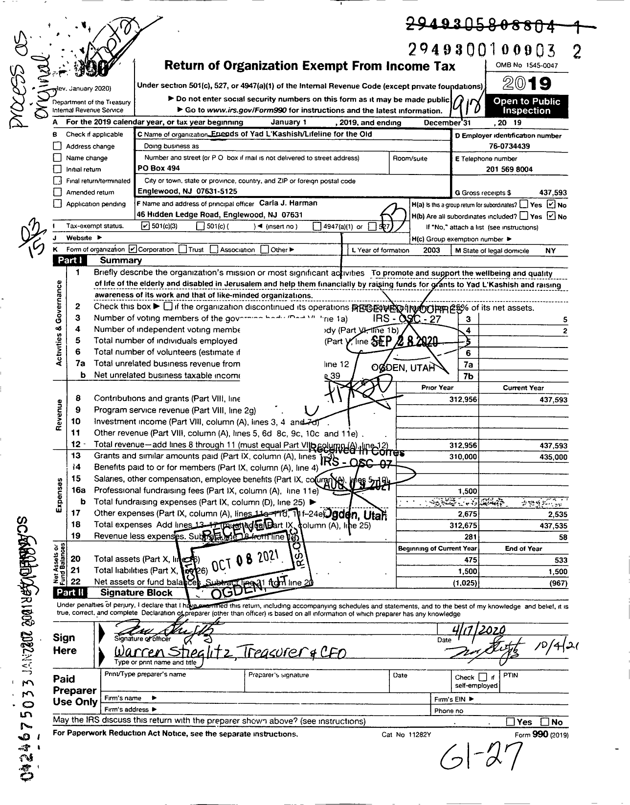 Image of first page of 2019 Form 990 for Friends of Yad Lakashishlifeline for the Old