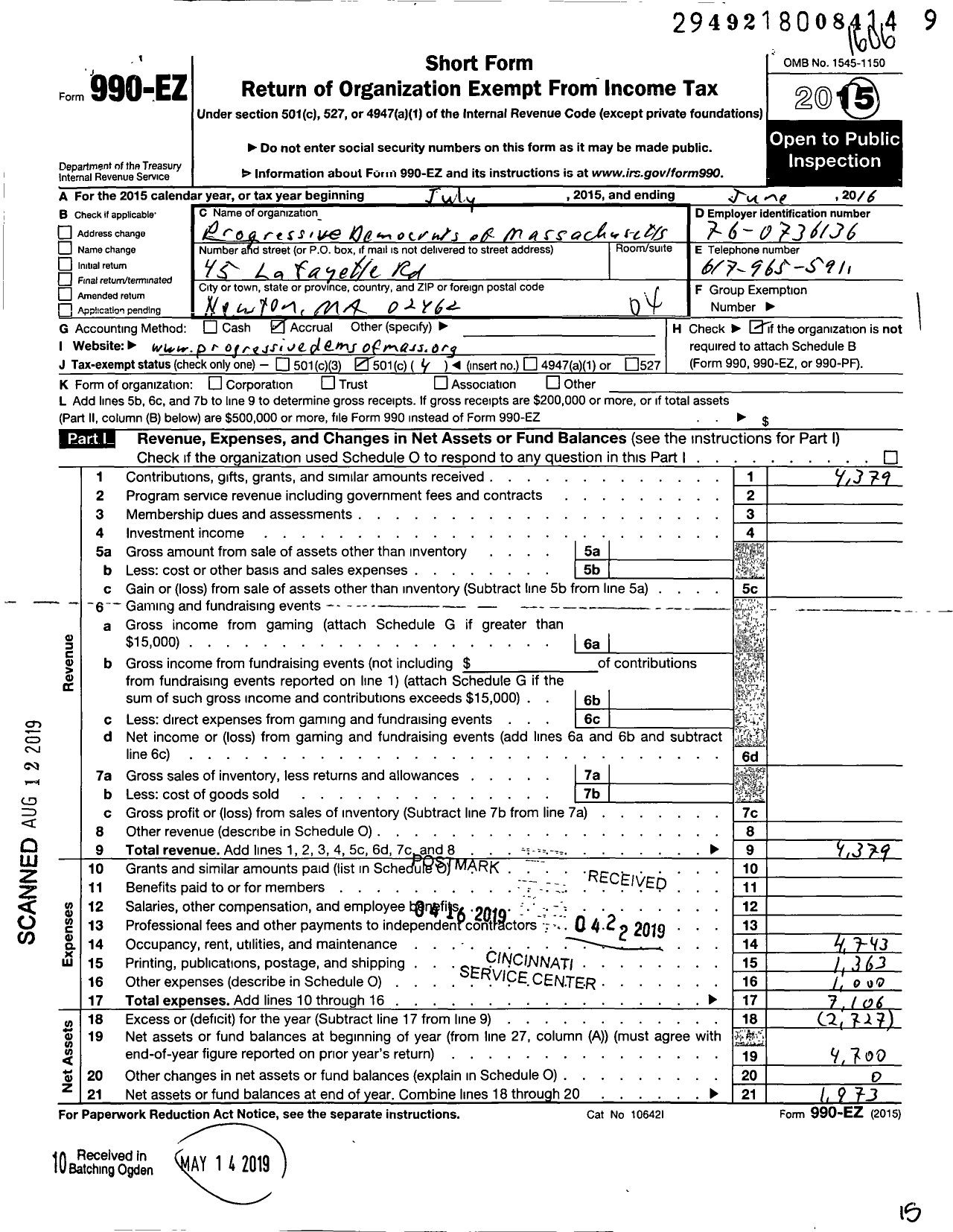 Image of first page of 2015 Form 990EO for Progressive Democrats of Massachusetts