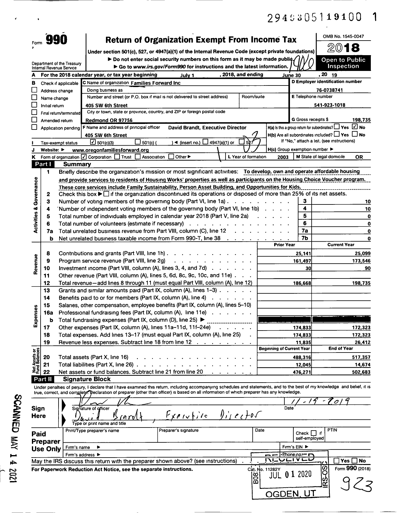 Image of first page of 2018 Form 990 for Families Forward