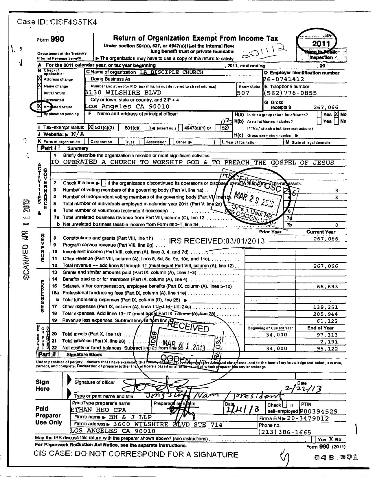 Image of first page of 2011 Form 990 for La Disciple Church