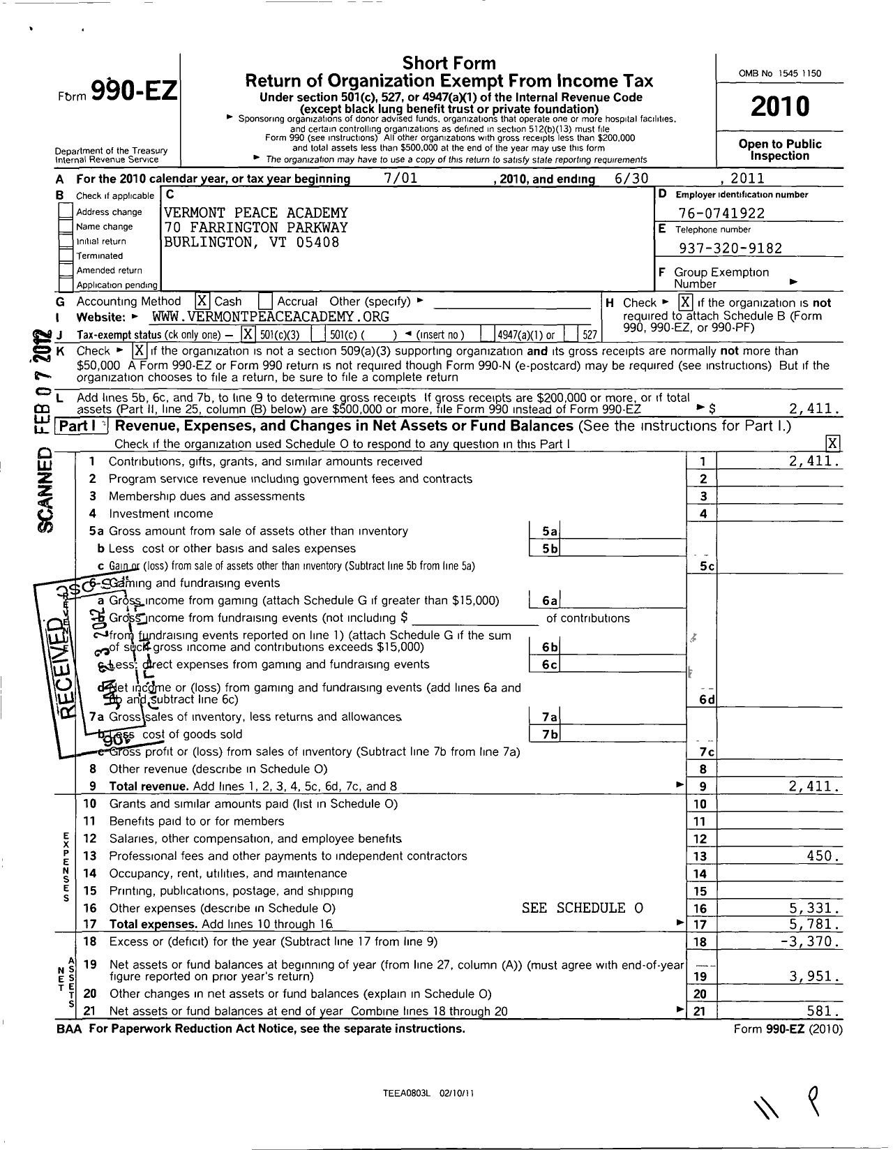 Image of first page of 2010 Form 990EZ for Vermont Center for International Learning Partnerships