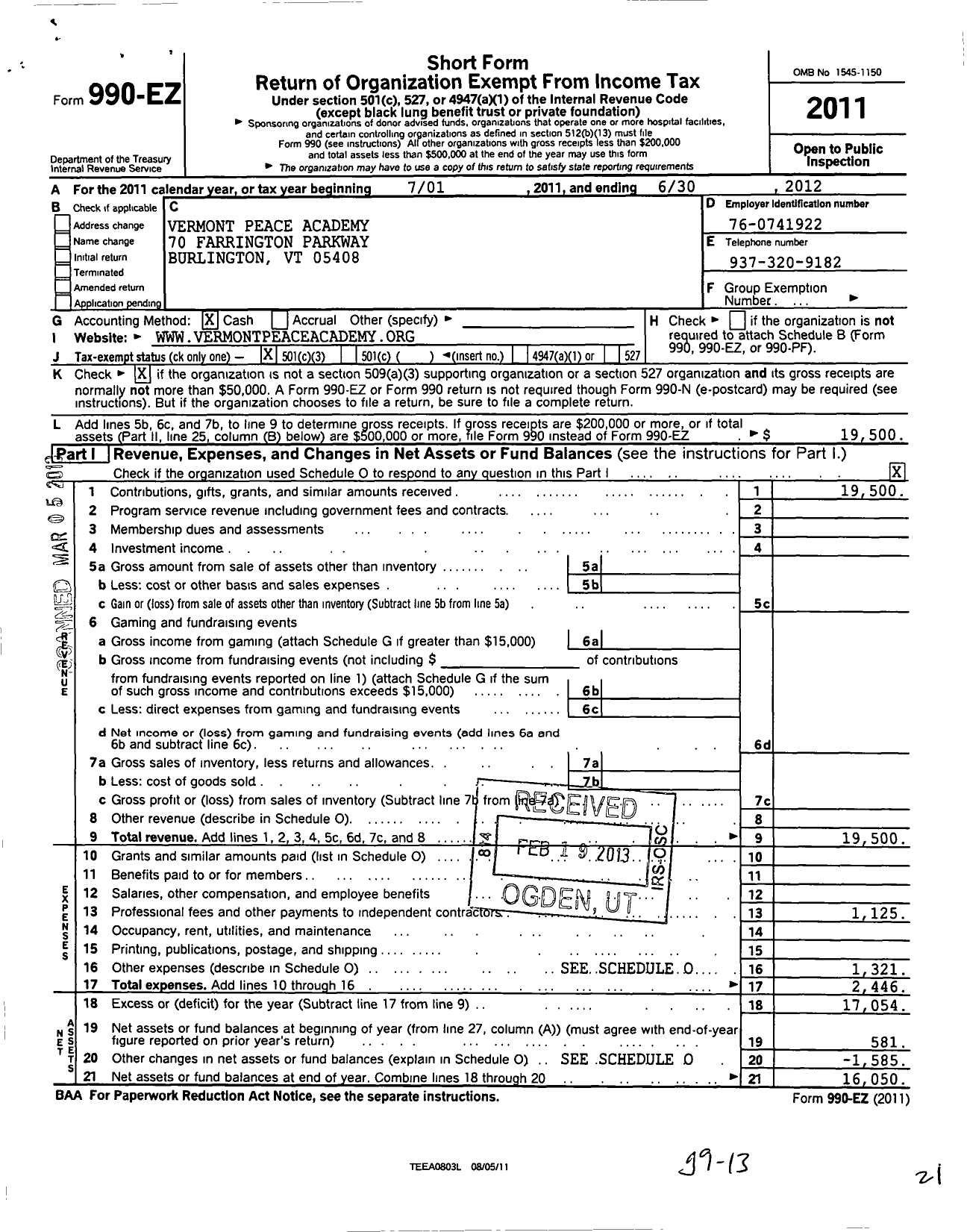 Image of first page of 2011 Form 990EZ for Vermont Center for International Learning Partnerships