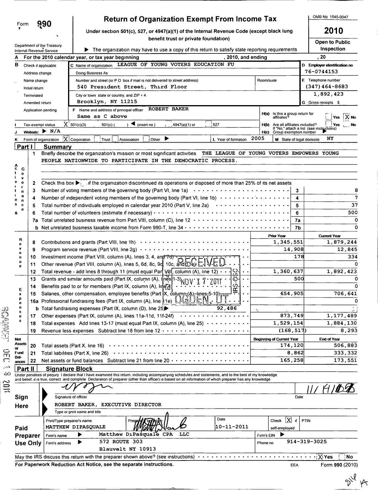 Image of first page of 2010 Form 990 for League of Young Voters Education Fund