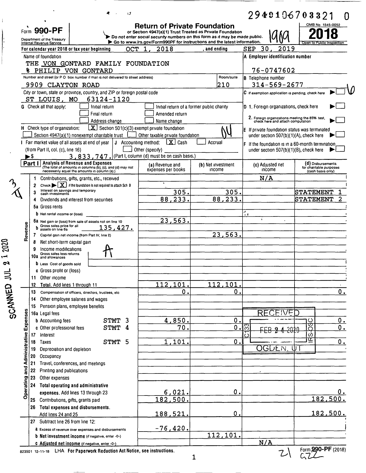 Image of first page of 2018 Form 990PR for The Von Gontard Family Foundation