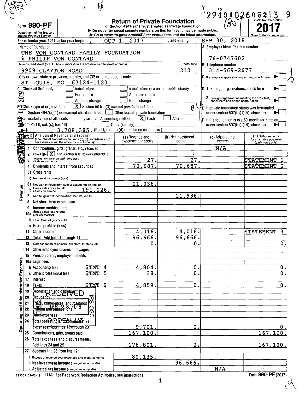 Image of first page of 2017 Form 990PF for The Von Gontard Family Foundation