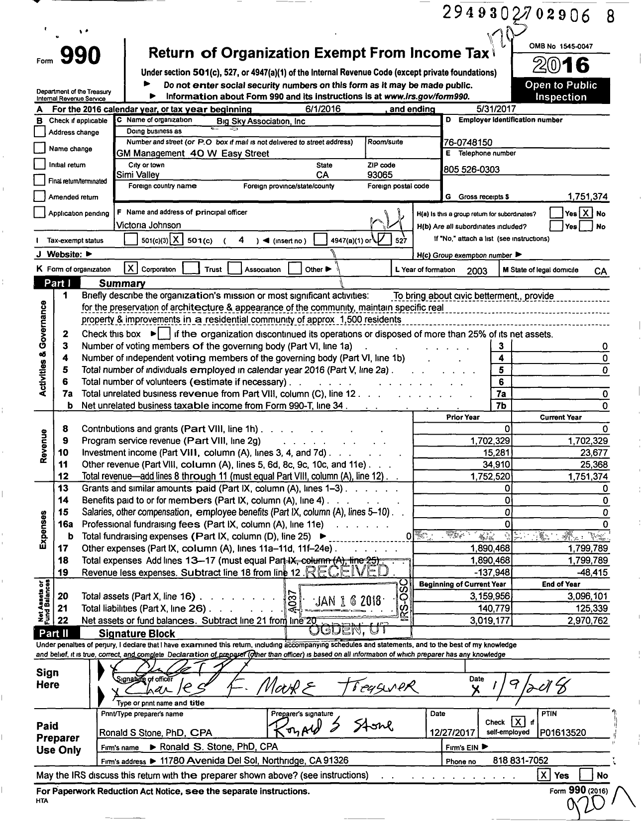 Image of first page of 2016 Form 990O for Big Sky Association