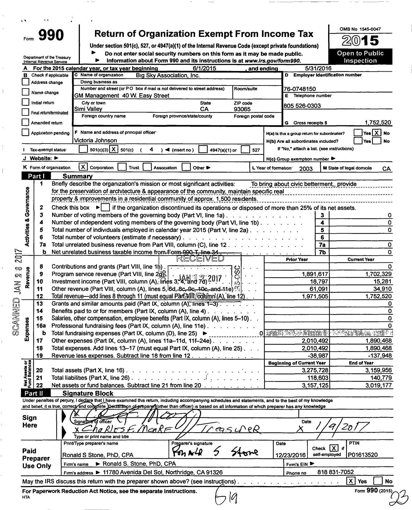 Image of first page of 2015 Form 990O for Big Sky Association