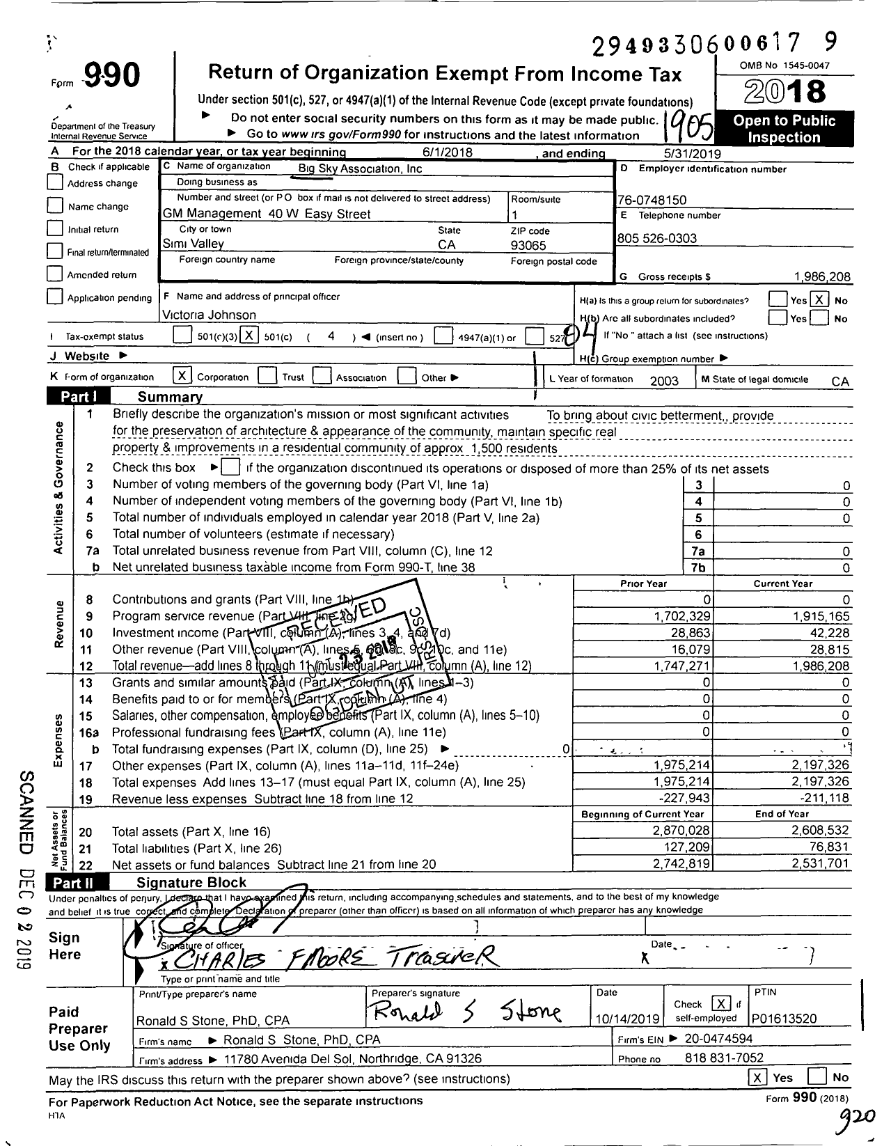 Image of first page of 2018 Form 990O for Big Sky Association