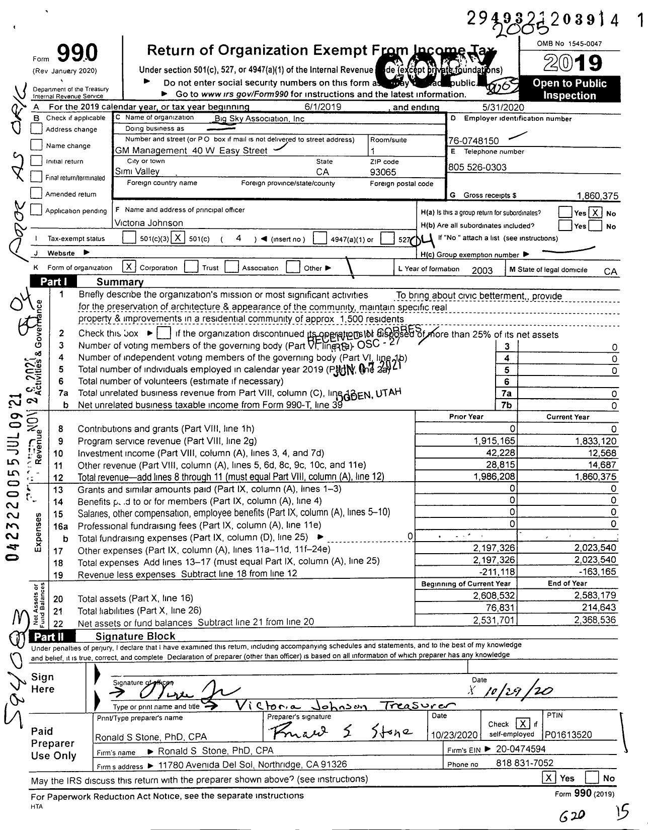 Image of first page of 2019 Form 990O for Big Sky Association