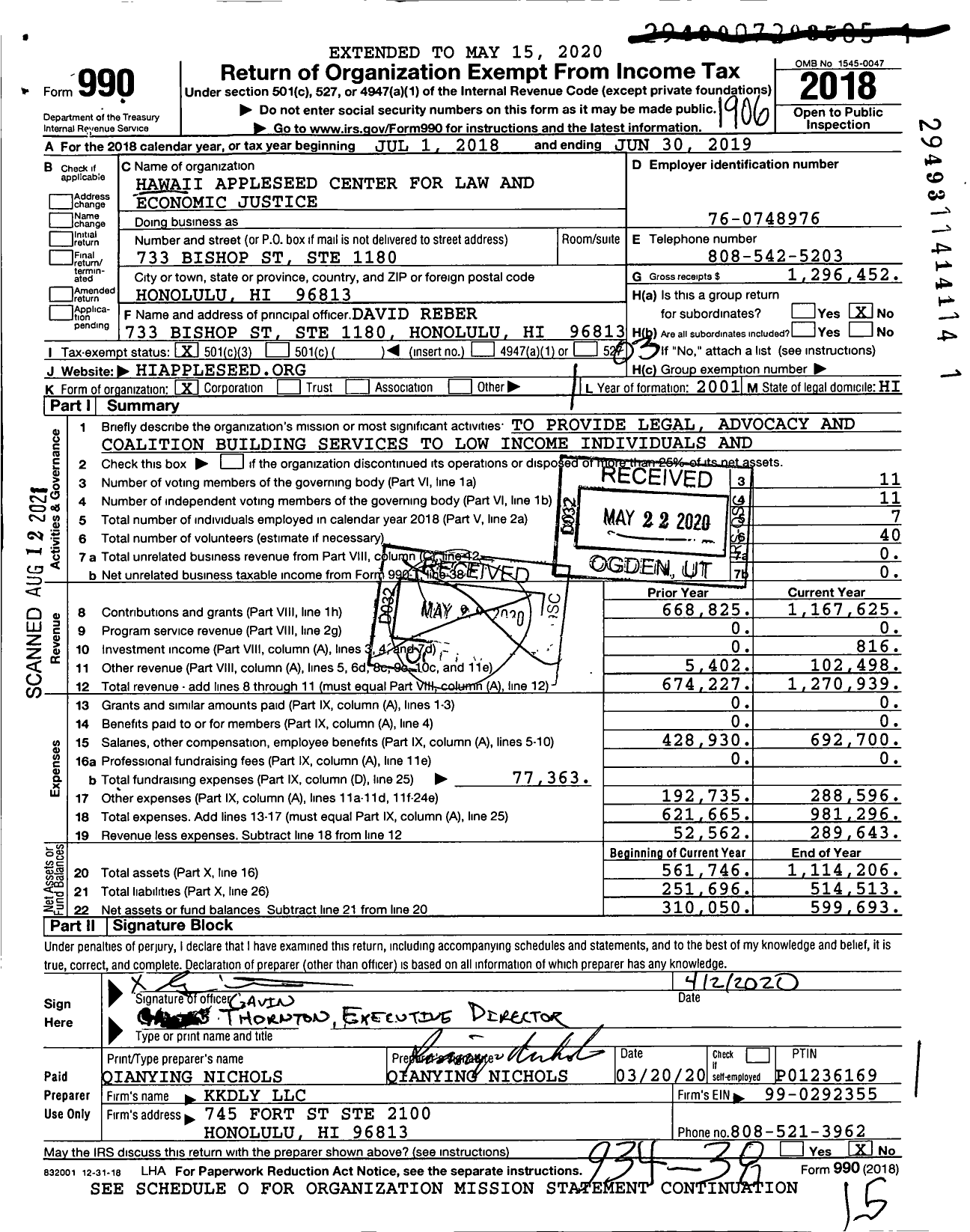 Image of first page of 2018 Form 990 for Hawaii Appleseed Center for Law and Economic Justice