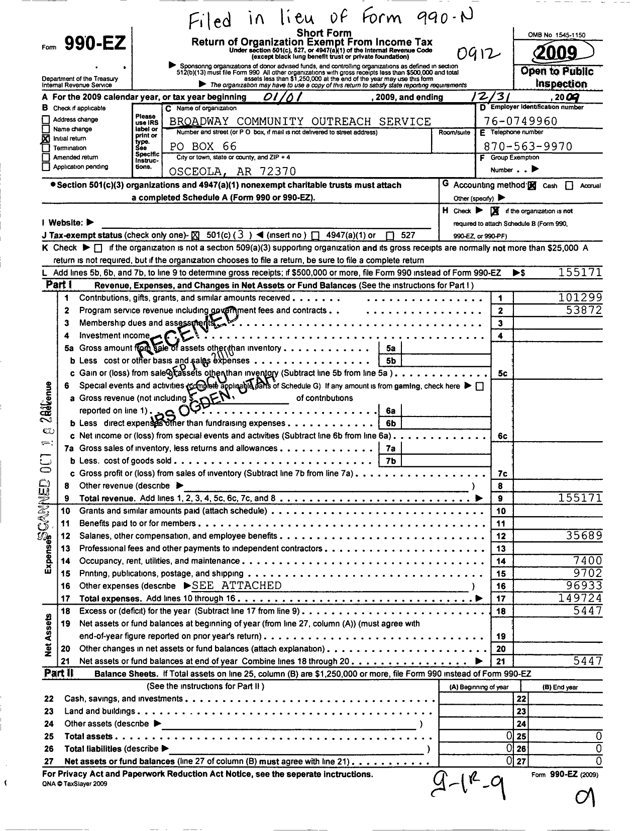 Image of first page of 2009 Form 990EZ for Broadway Community Outreach Service