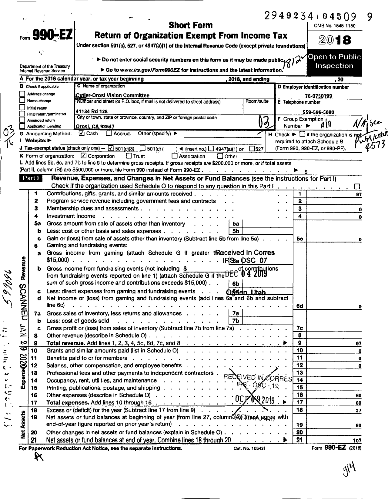 Image of first page of 2018 Form 990EZ for Cutler-Orosi Vision Committee