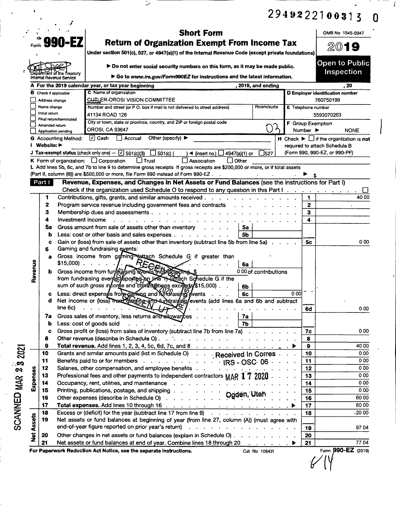 Image of first page of 2019 Form 990EZ for Cutler-Orosi Vision Committee