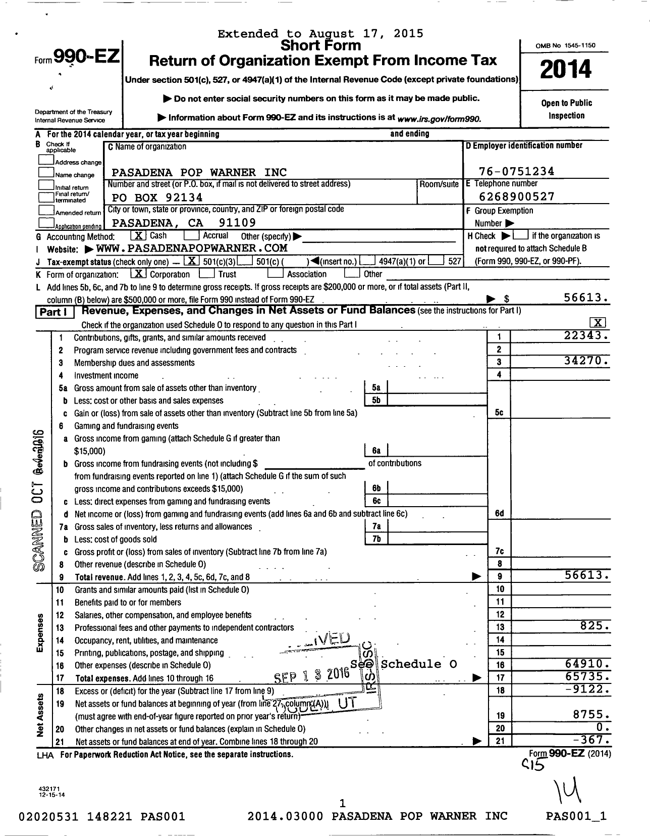 Image of first page of 2014 Form 990EZ for Pasadena Pop Warner