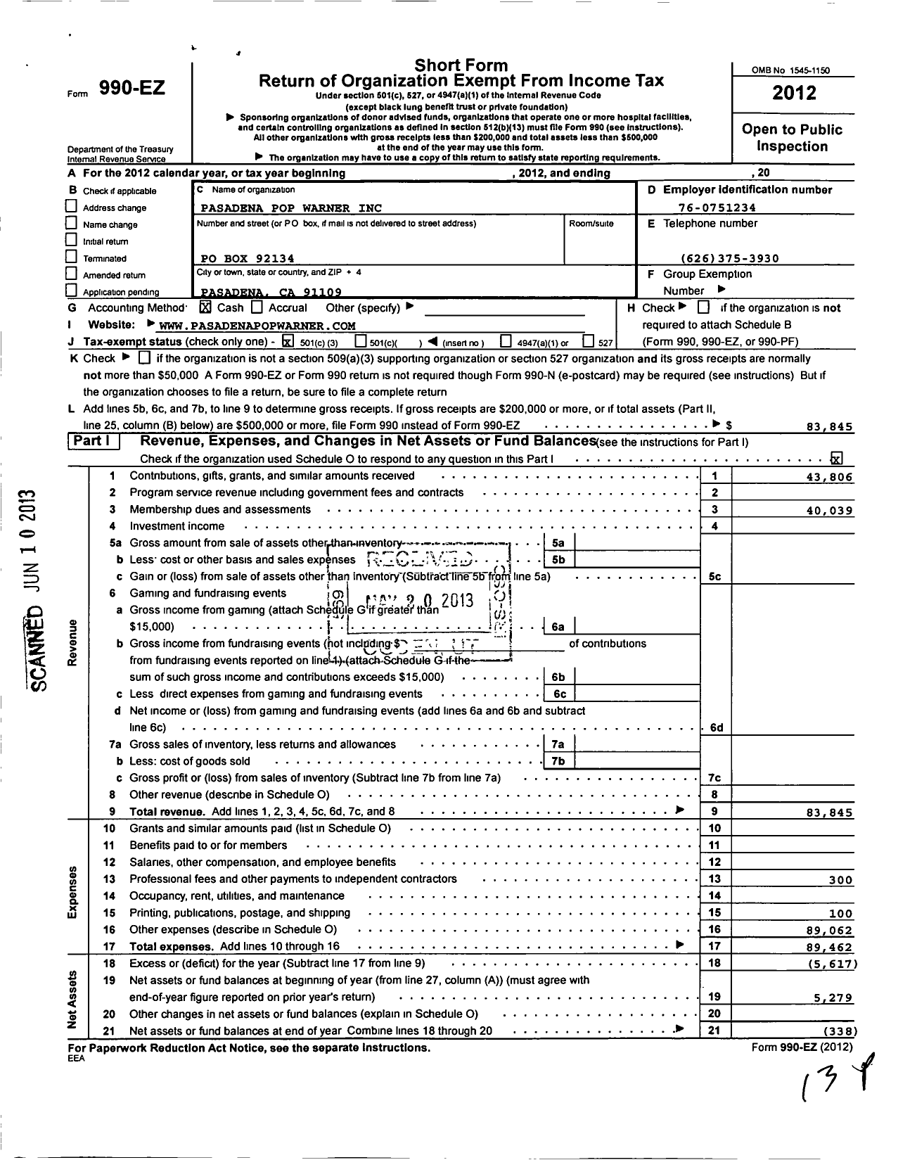 Image of first page of 2012 Form 990EZ for Pasadena Pop Warner