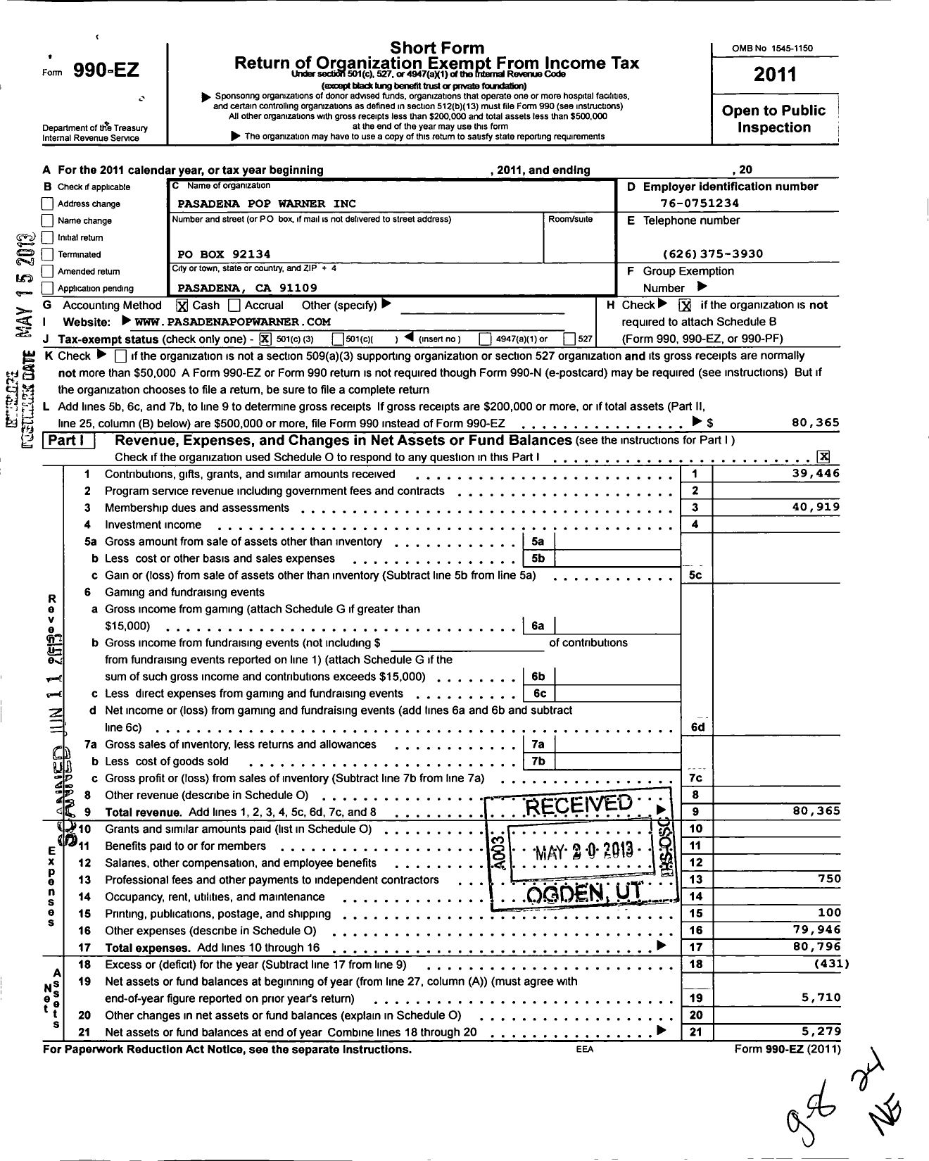 Image of first page of 2011 Form 990EZ for Pasadena Pop Warner