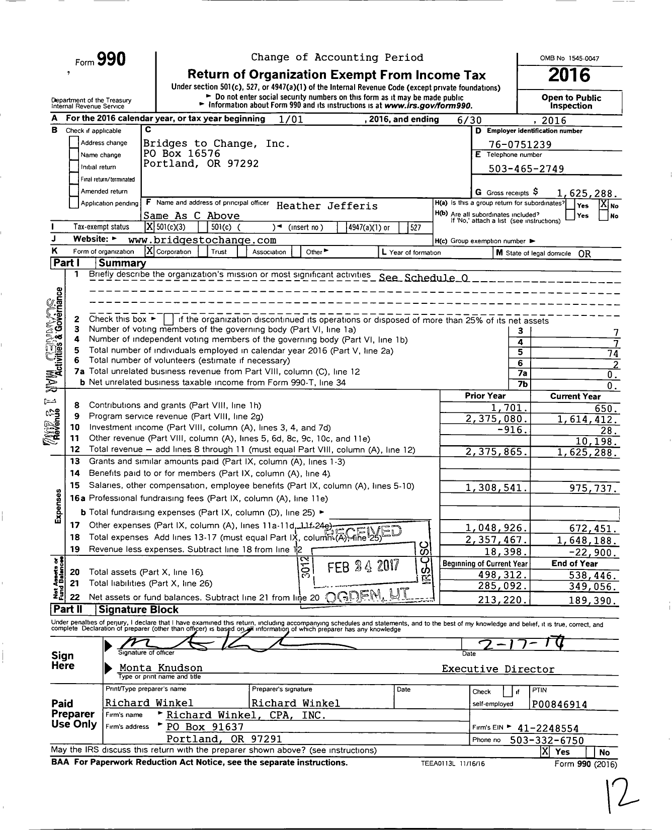 Image of first page of 2015 Form 990 for Bridges to Change