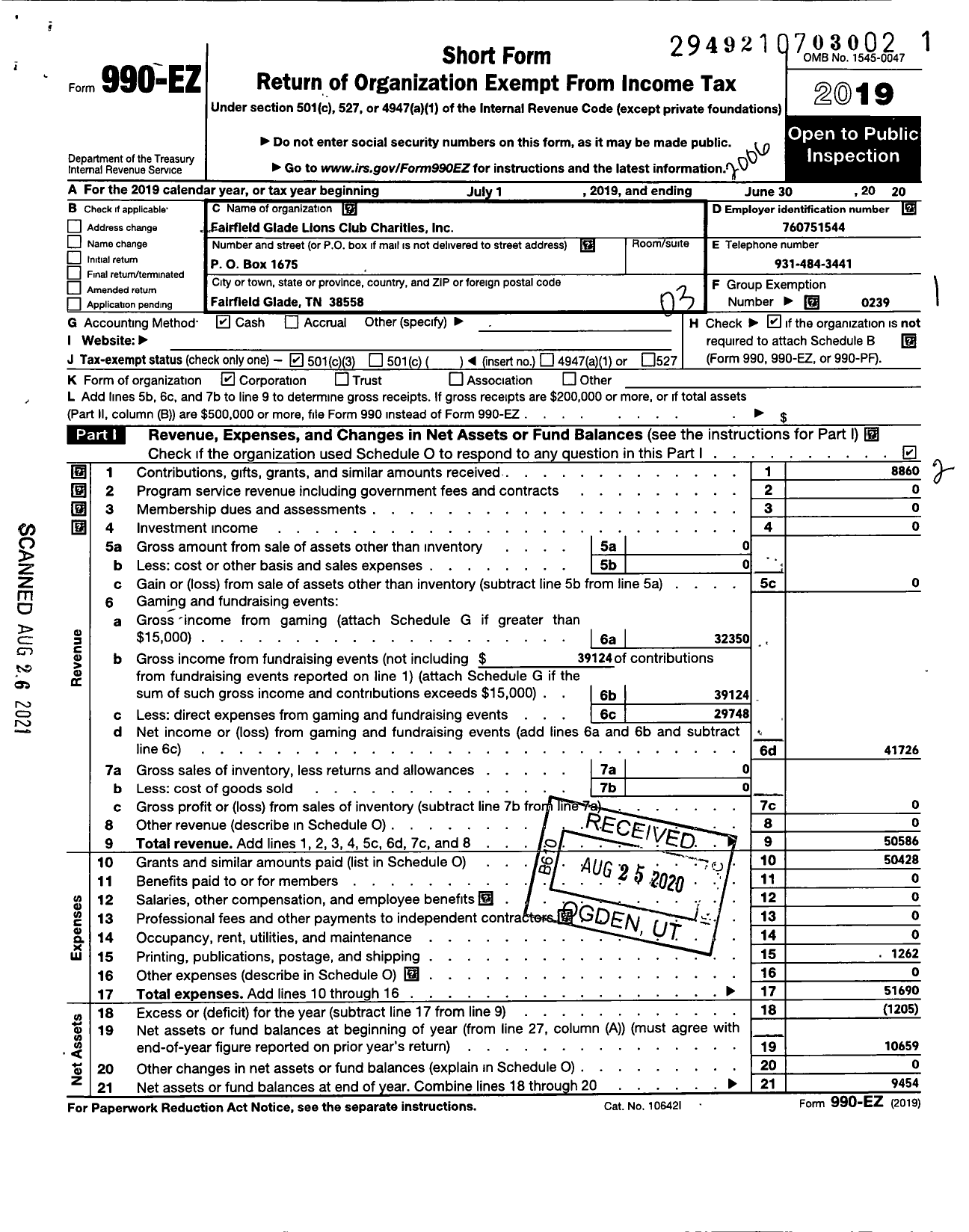 Image of first page of 2019 Form 990EZ for Fairfield Glade Lions Club Charities