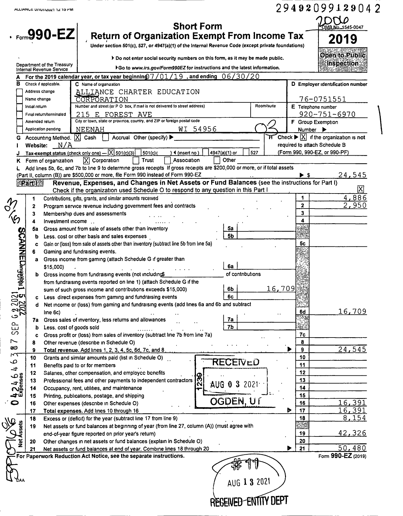 Image of first page of 2019 Form 990EZ for Alliance Charter Education Corporation