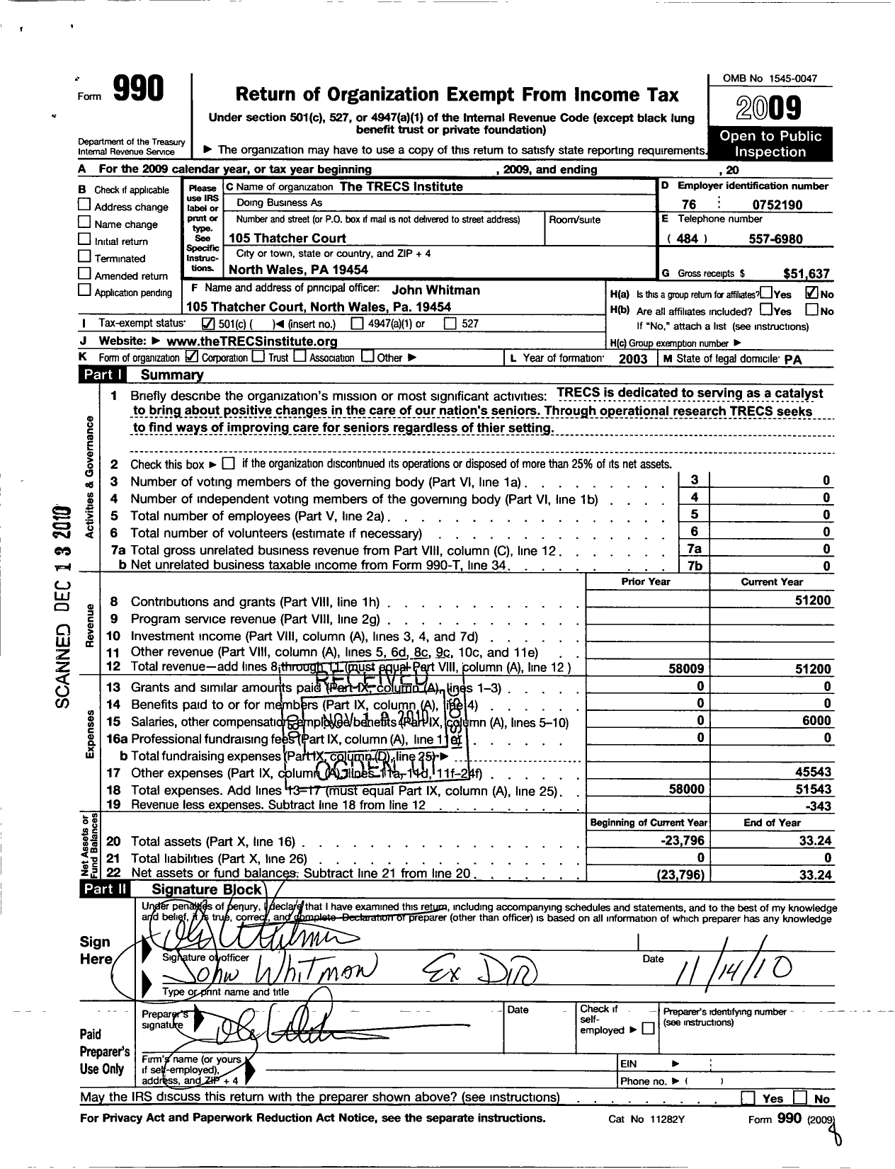 Image of first page of 2009 Form 990O for The TRECS Institute